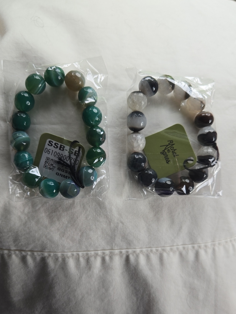 New Rachel And Agnes Green and Black Agate Beaded Stretch Bracelets